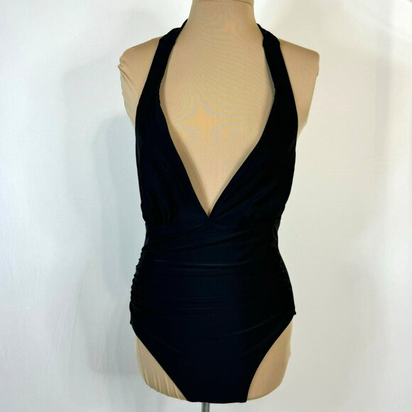 DKNY Womens Black One-Piece Halter Swimsuit L Large Nylon & Spandex - Picture 4 of 13